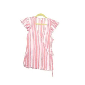 Old Navy Womens Red White Striped Linen Blend Wrap‎ Blouse Sz M Coastal Classic